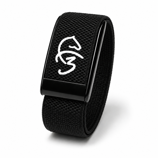 F3 Black rubber Whoop 5.0 strap with motorsport-inspired print